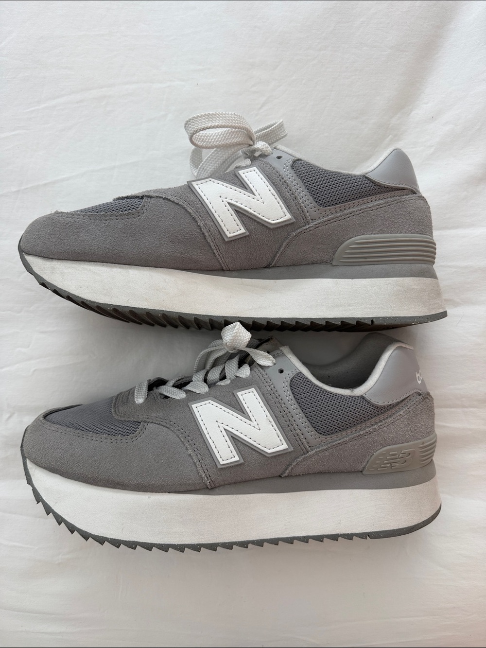 New Balance 574+ Platform Sneakers – Grey/White Suede/Mesh